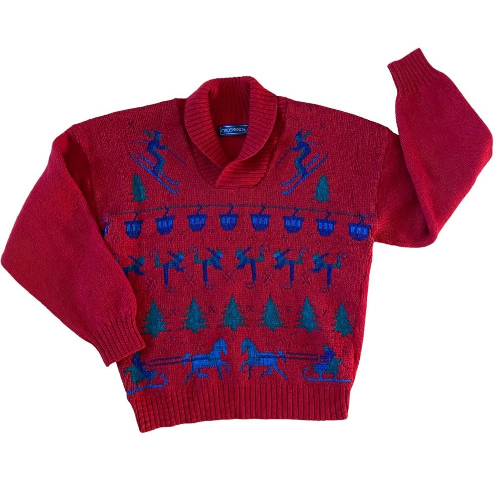 Vintage Crossings Wool Sweater Après-Ski Jacquard Knit Grandpa Winter Ski-M
